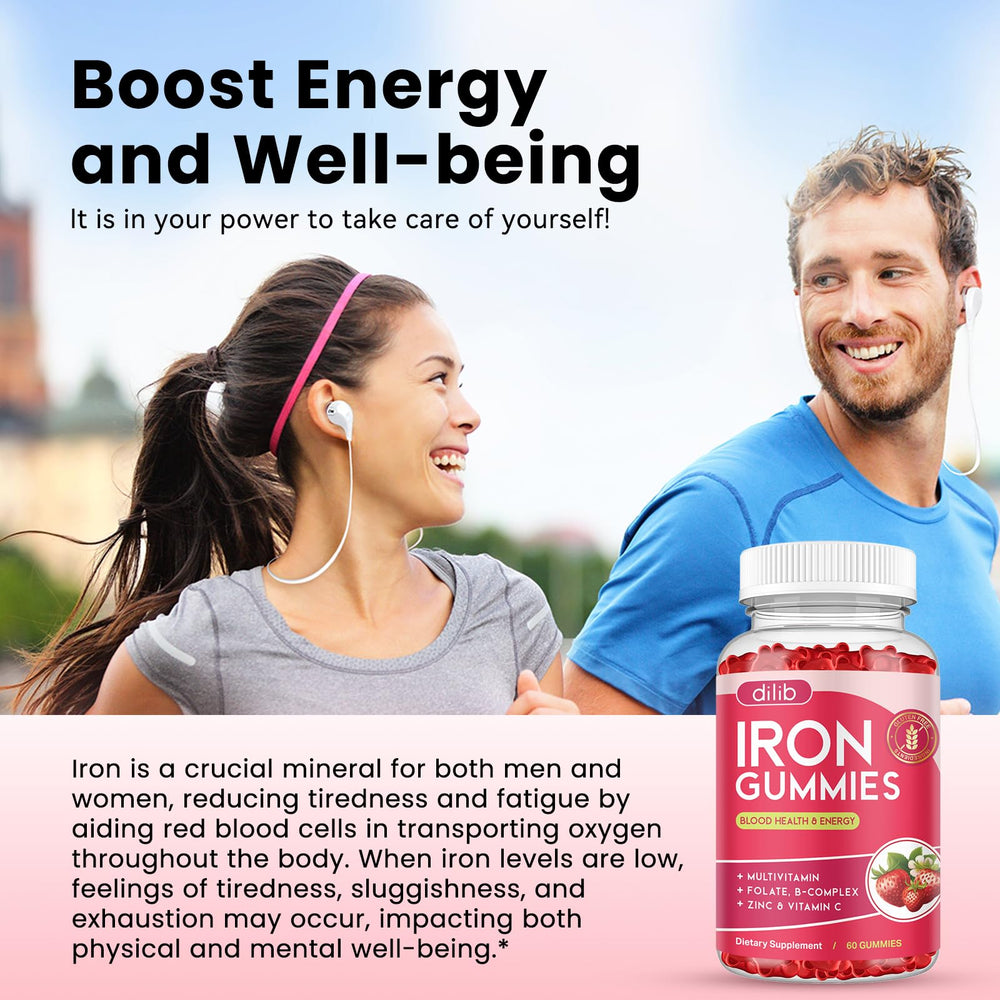 Dilib iron gummies box packaging emphasizing vegan and gluten-free attributes.
