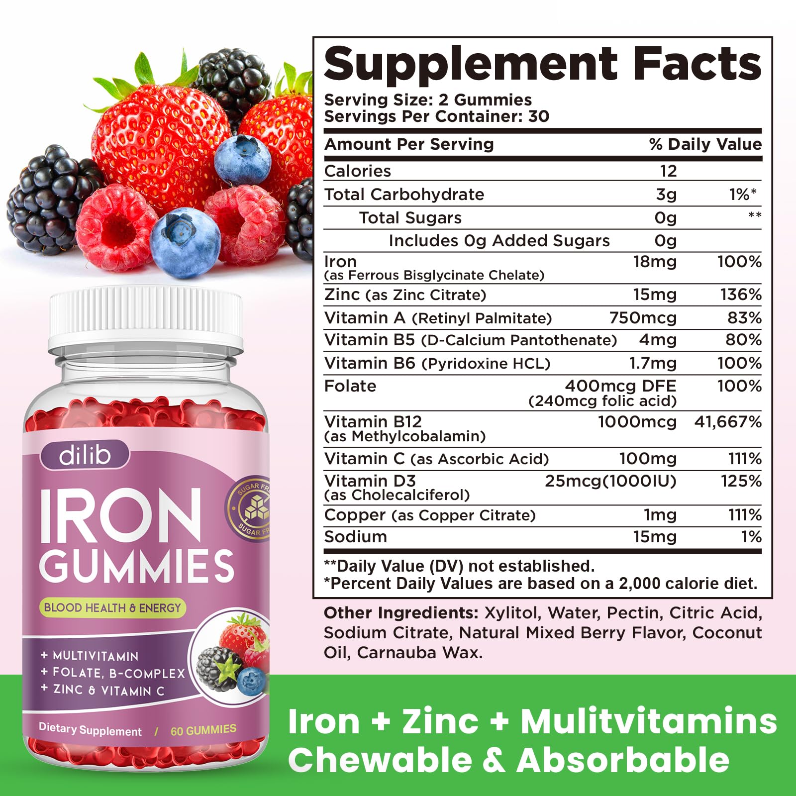 Dilib Iron Gummies daily-use bottle with glass, implying routine health benefits.