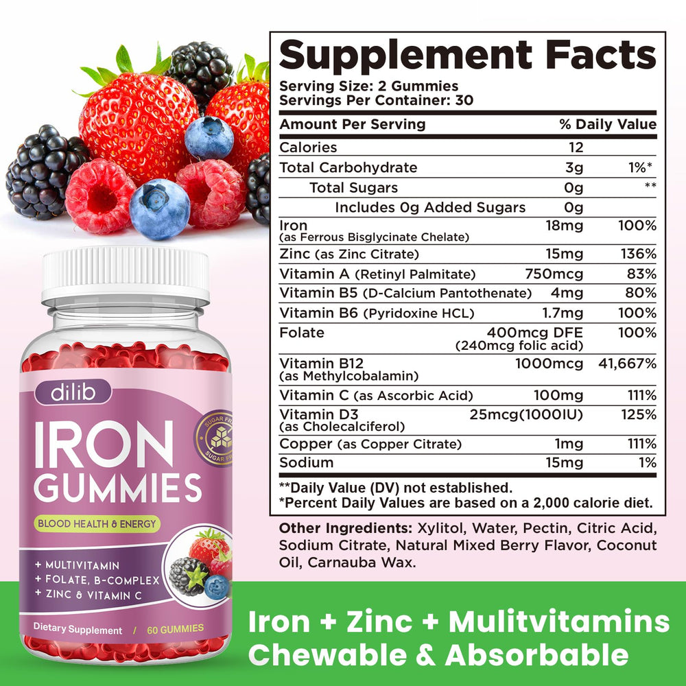 Dilib Iron Gummies daily-use bottle with glass, implying routine health benefits.
