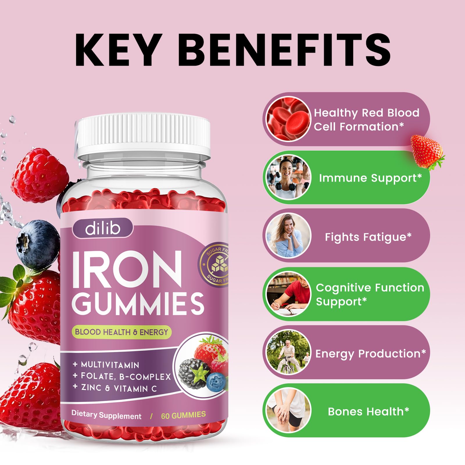 Dilib Iron Gummies nutrient panel closeup showing vitamins and minerals.