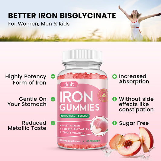 Dilib Iron Gummies peach flavor label highlights tasty daily nutrition.