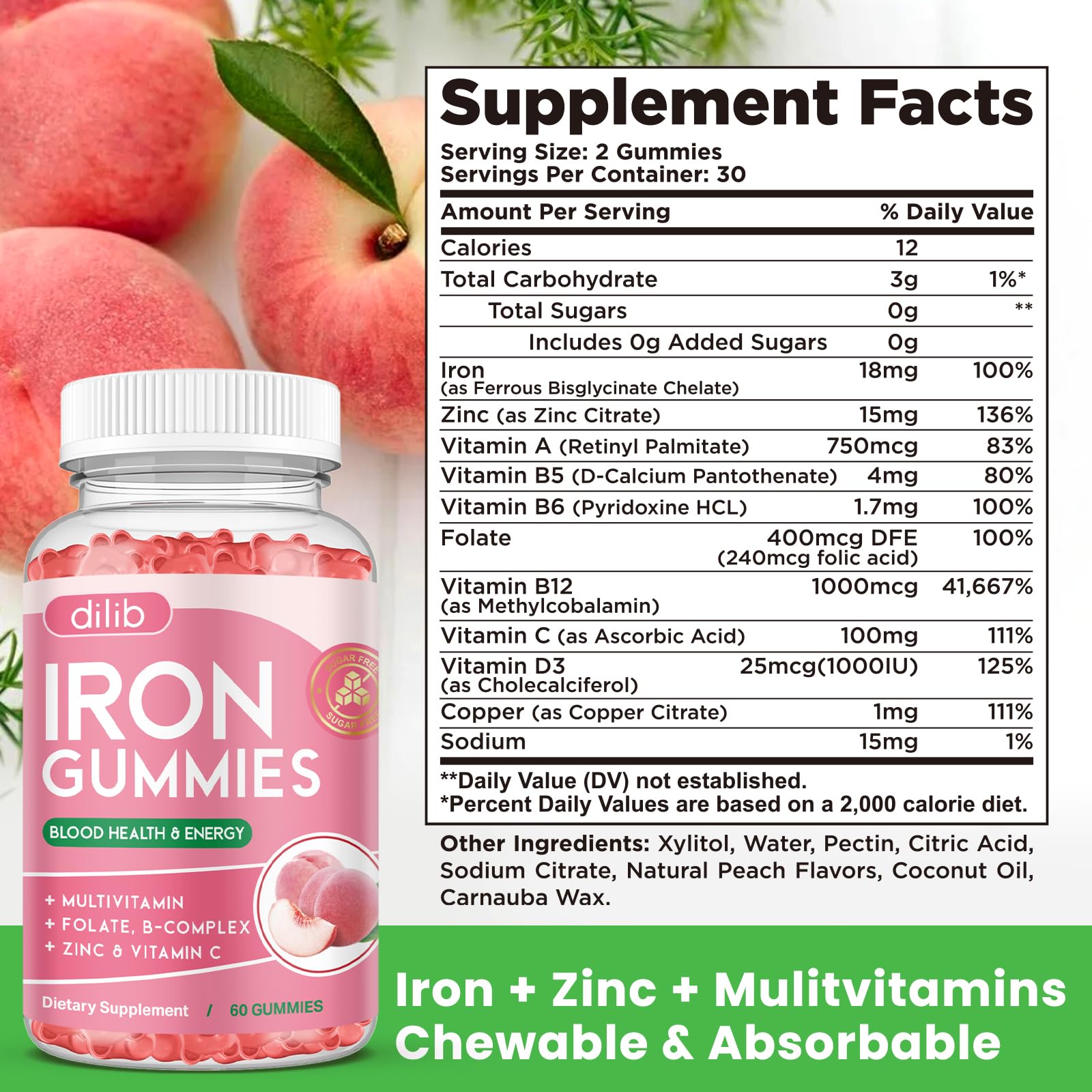 Dilib Iron Gummies vegan-friendly ingredients indicate gluten-free and dairy-free formulation.
