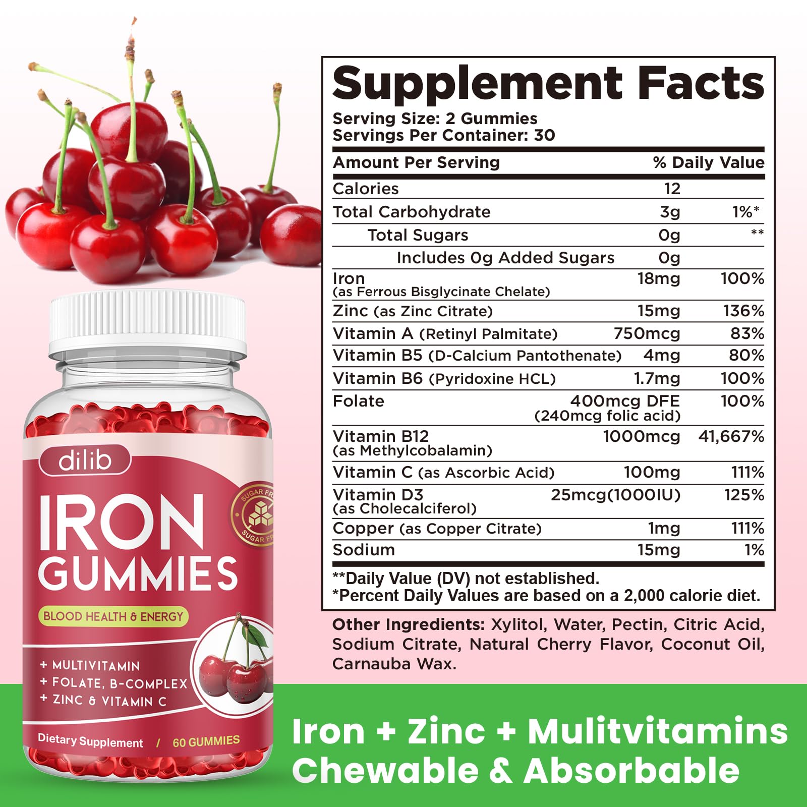 Dilib Iron Gummies vegan ingredients for a dairy-free option.