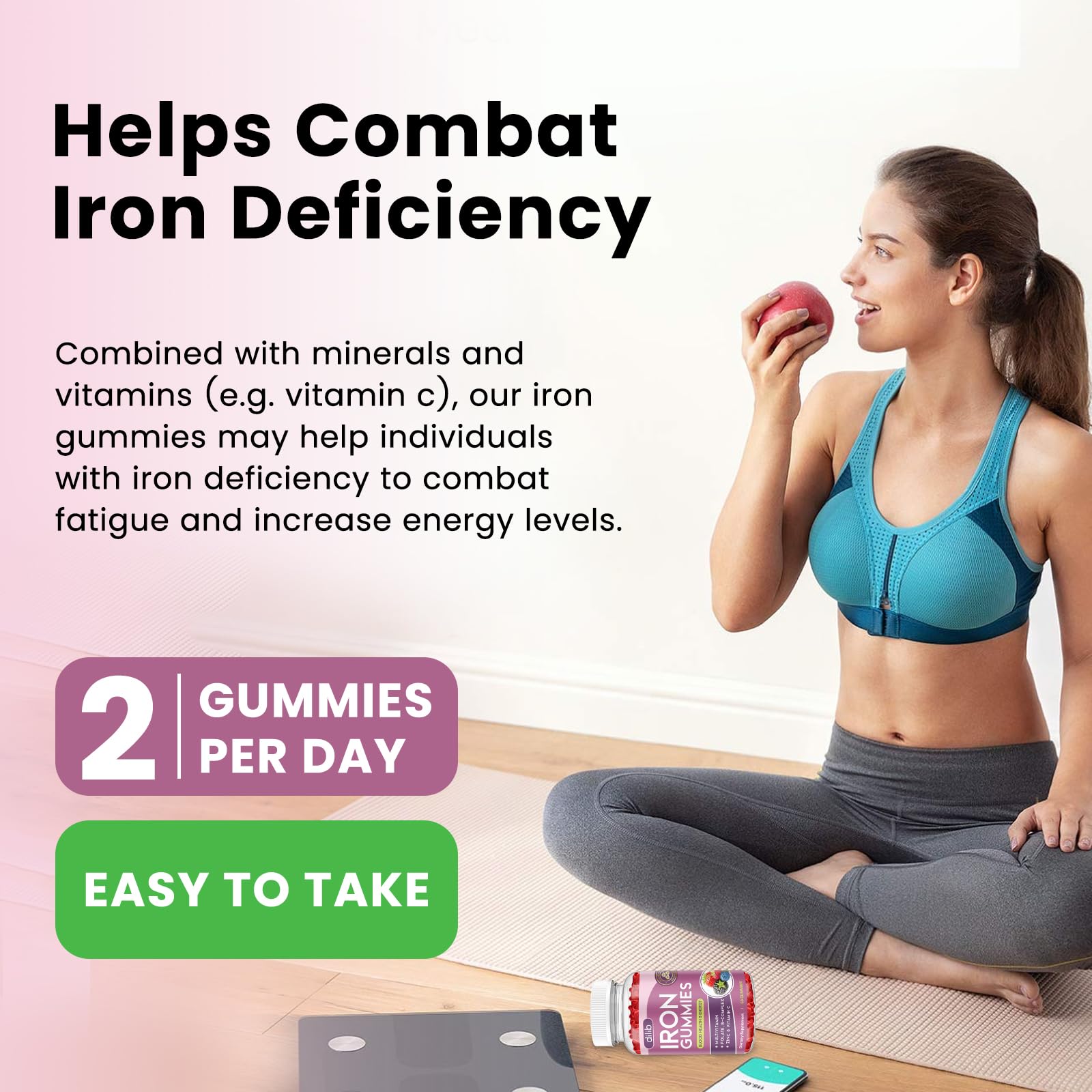 Dilib Iron Gummies vegan-friendly label indicating non-GMO and allergen-free ingredients.
