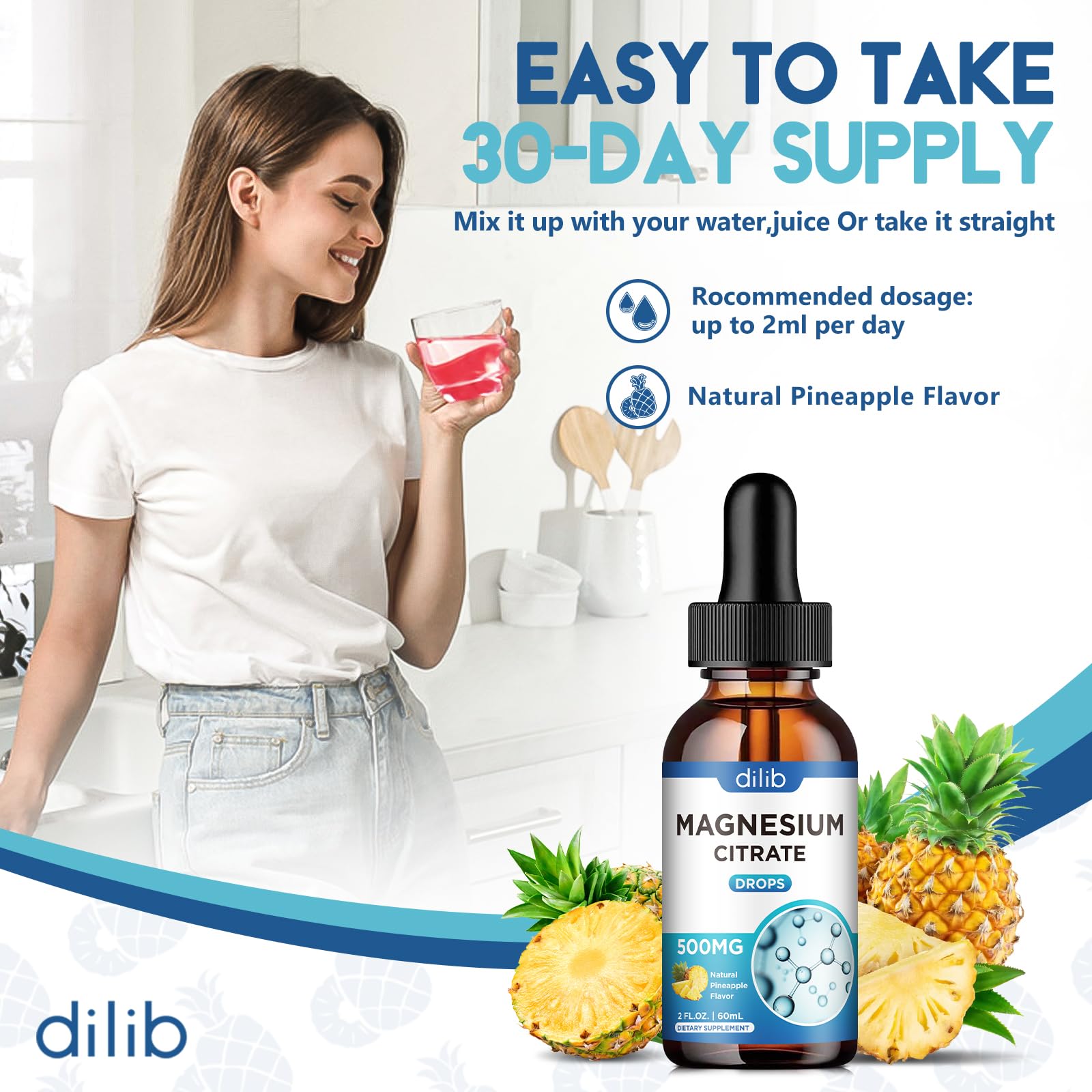 Dilib magnesium citrate liquid drops label close-up shows vegan, non-GMO ingredients.