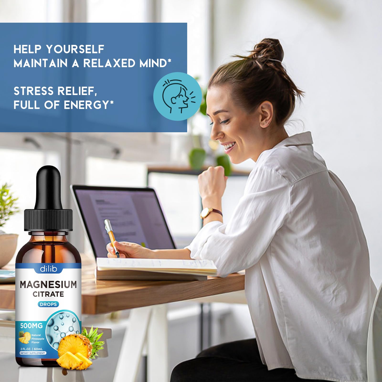 Dilib magnesium citrate liquid drops nighttime-relaxation scene suggests calmer evenings.