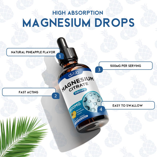 Dilib magnesium citrate liquid drops pineapple flavor glass highlights tasty, easy use for mood support.