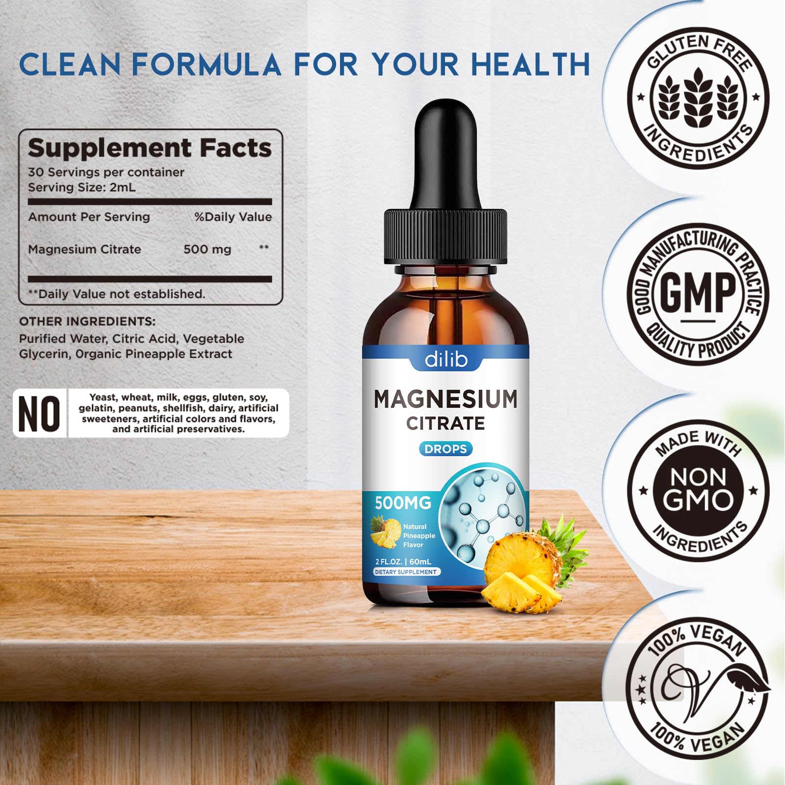 Dilib magnesium citrate liquid drops vegan formula shown with glass emphasizes plant-based benefits.