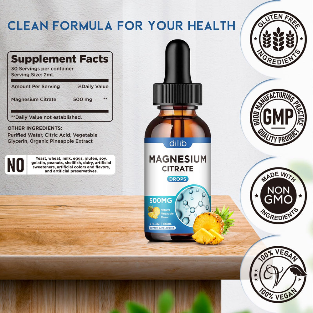 Dilib magnesium citrate liquid drops vegan formula shown with glass emphasizes plant-based benefits.
