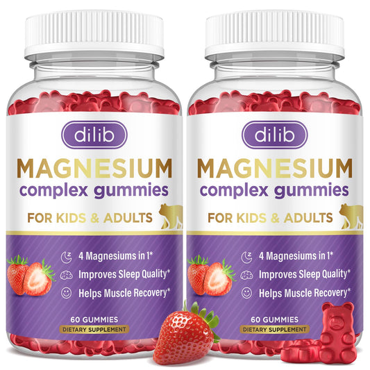 Dilib magnesium complex gummies bottle label, calming support for kids and adults.