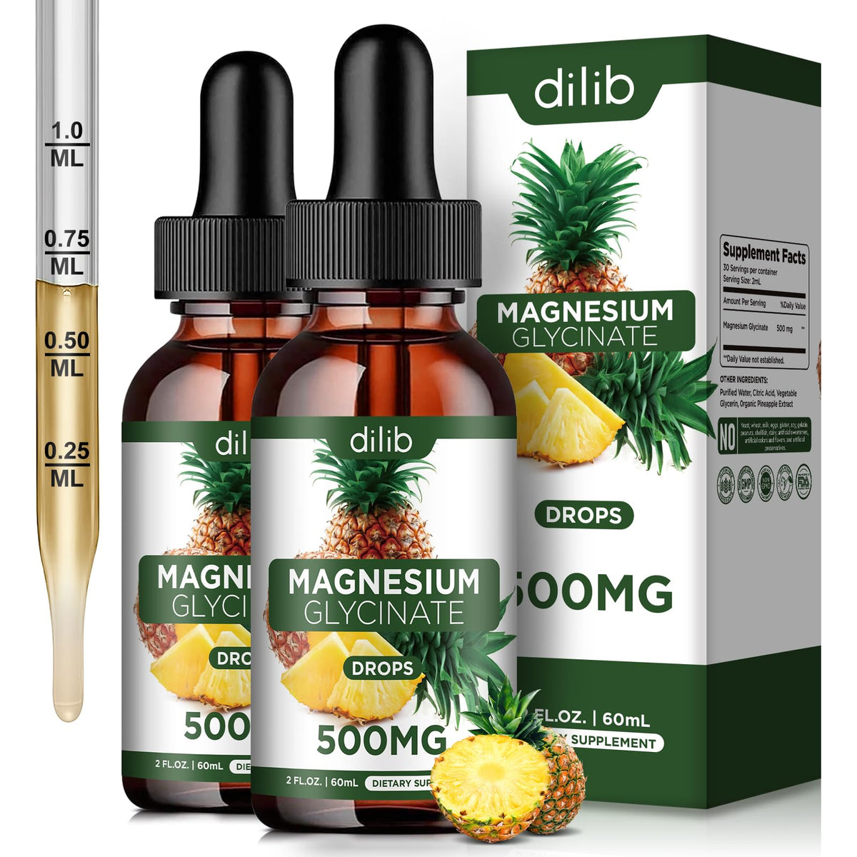 Dilib Magnesium Glycinate Drops bottle highlights pineapple flavor and high absorption.