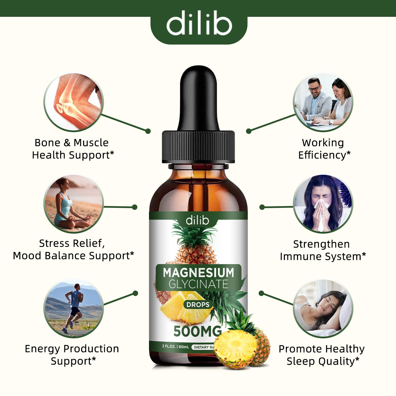 Dilib Magnesium Glycinate Drops label confirms vegan, gluten-free, non-GMO ingredients.