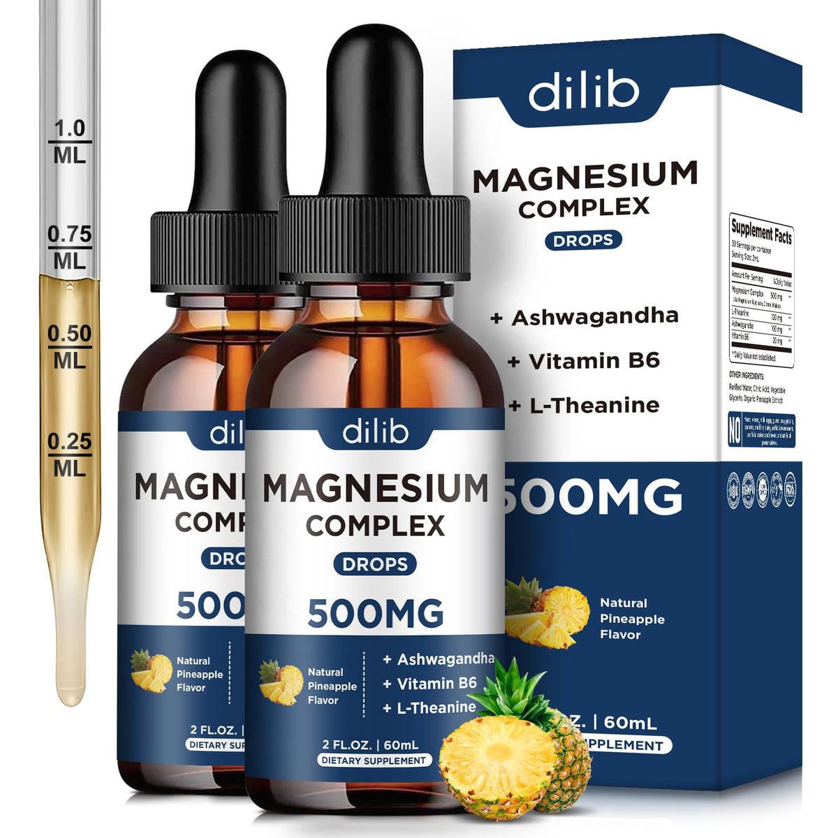 Dilib magnesium glycinate liquid drops bottle showing 500 mg per dose for easy daily use.