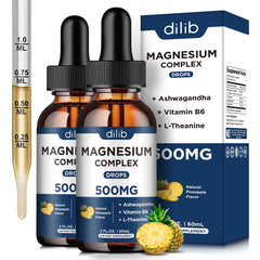 Dilib magnesium glycinate liquid drops bottle showing 500 mg per dose for easy daily use.