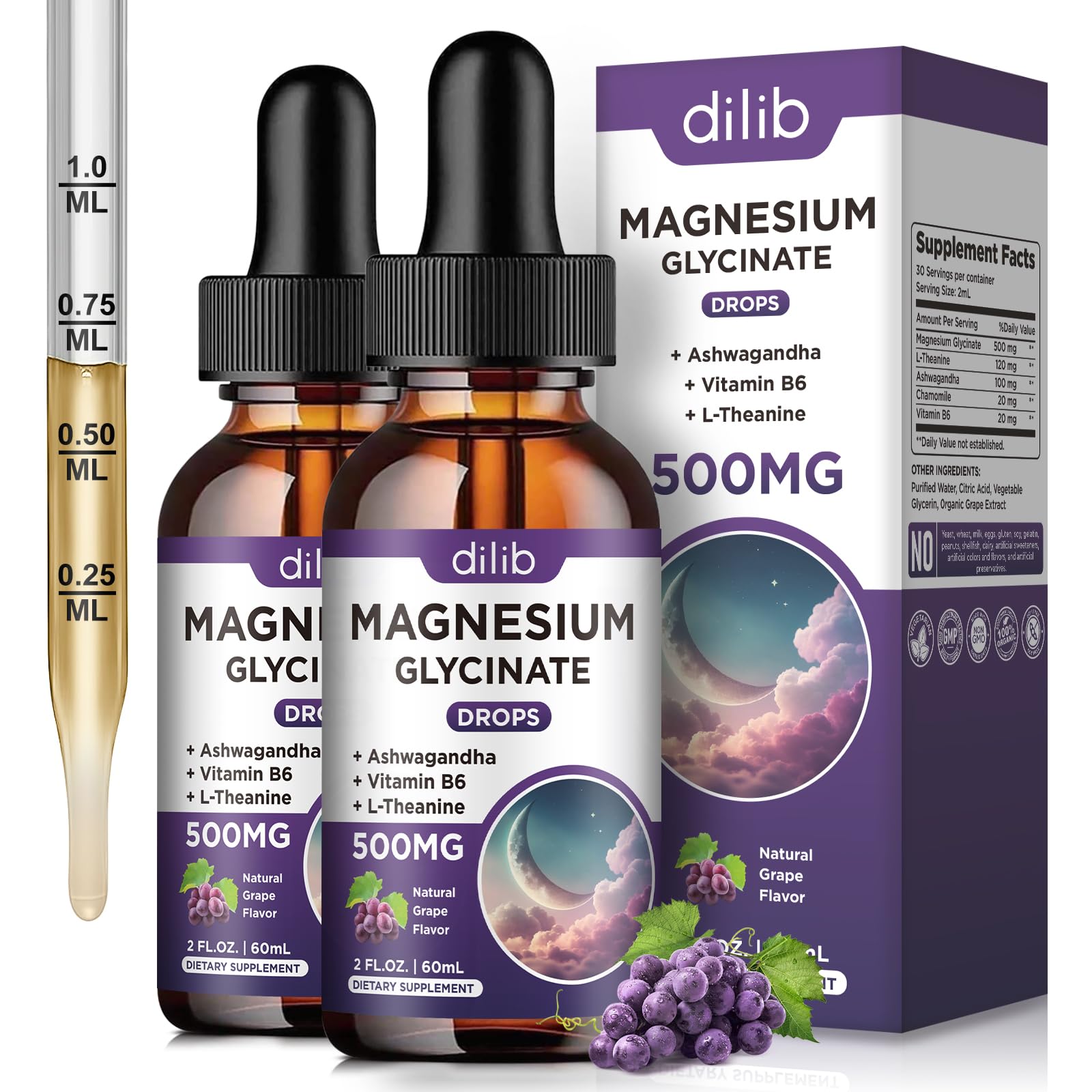 Dilib magnesium glycinate liquid drops bottle shows high-absorption formula for daily wellness.