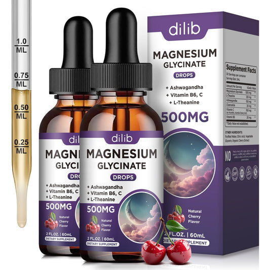 Dilib magnesium glycinate liquid drops bottle shows high absorption and cherry flavor.