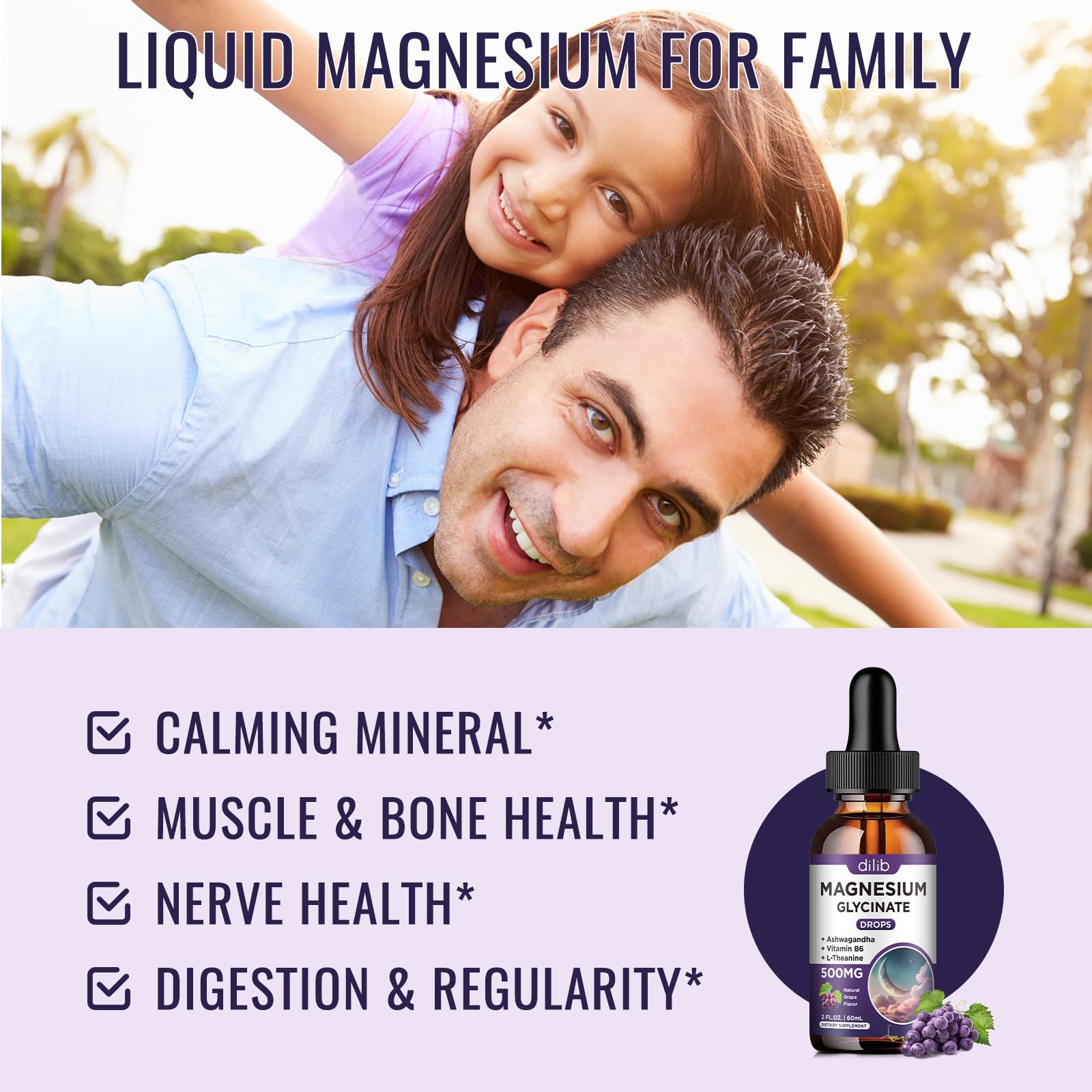 Dilib magnesium glycinate liquid drops with dropper illustrates easy dosing and fast intake.