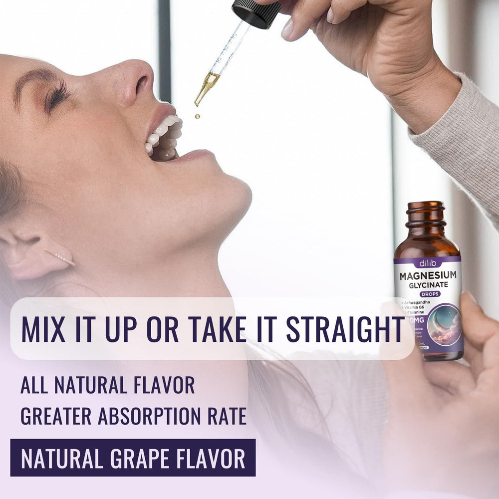Dilib magnesium glycinate liquid drops ingredients label highlights vegan, soy-free, and non-GMO features.