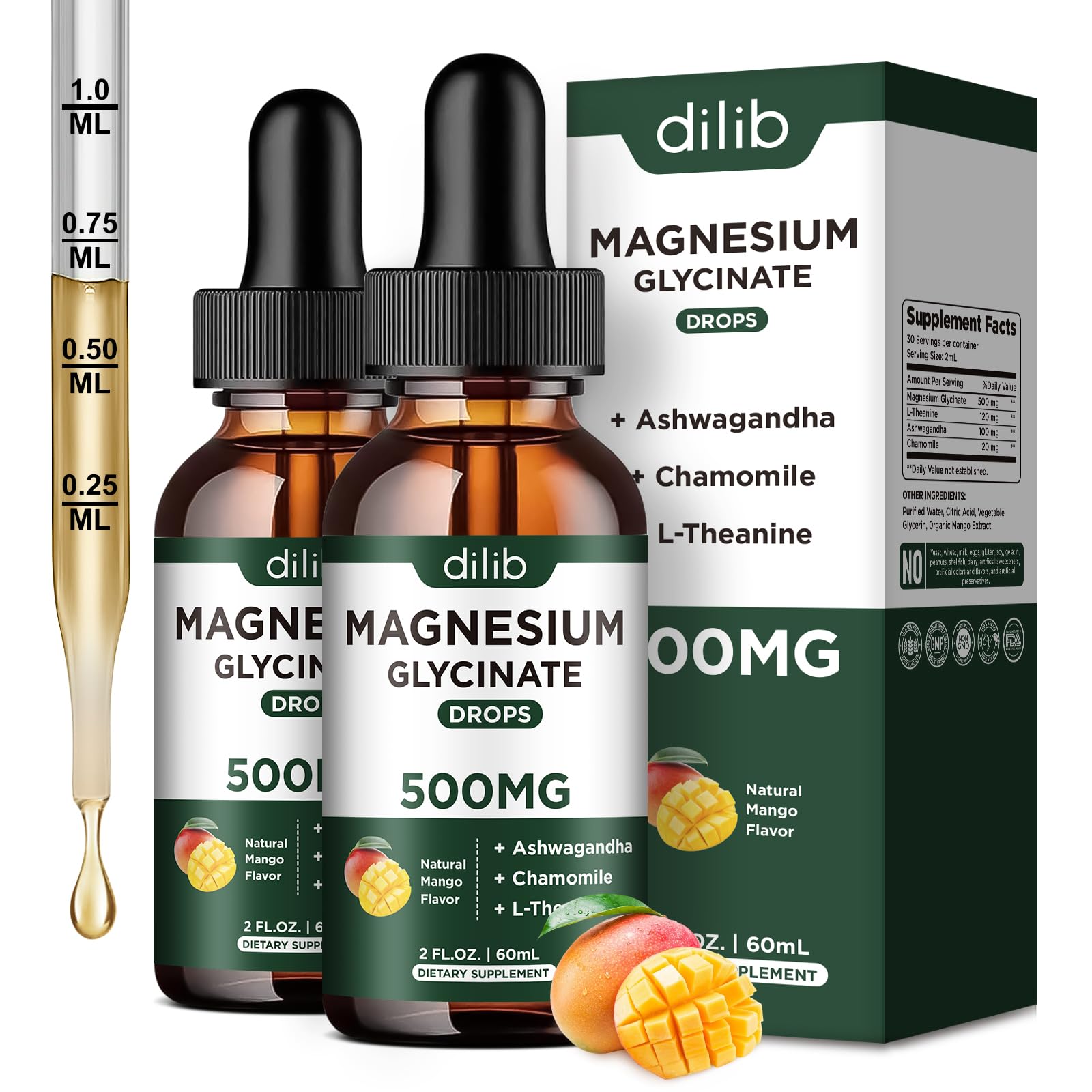 Dilib magnesium glycinate liquid bottle with mango flavor for stress relief and mood support.