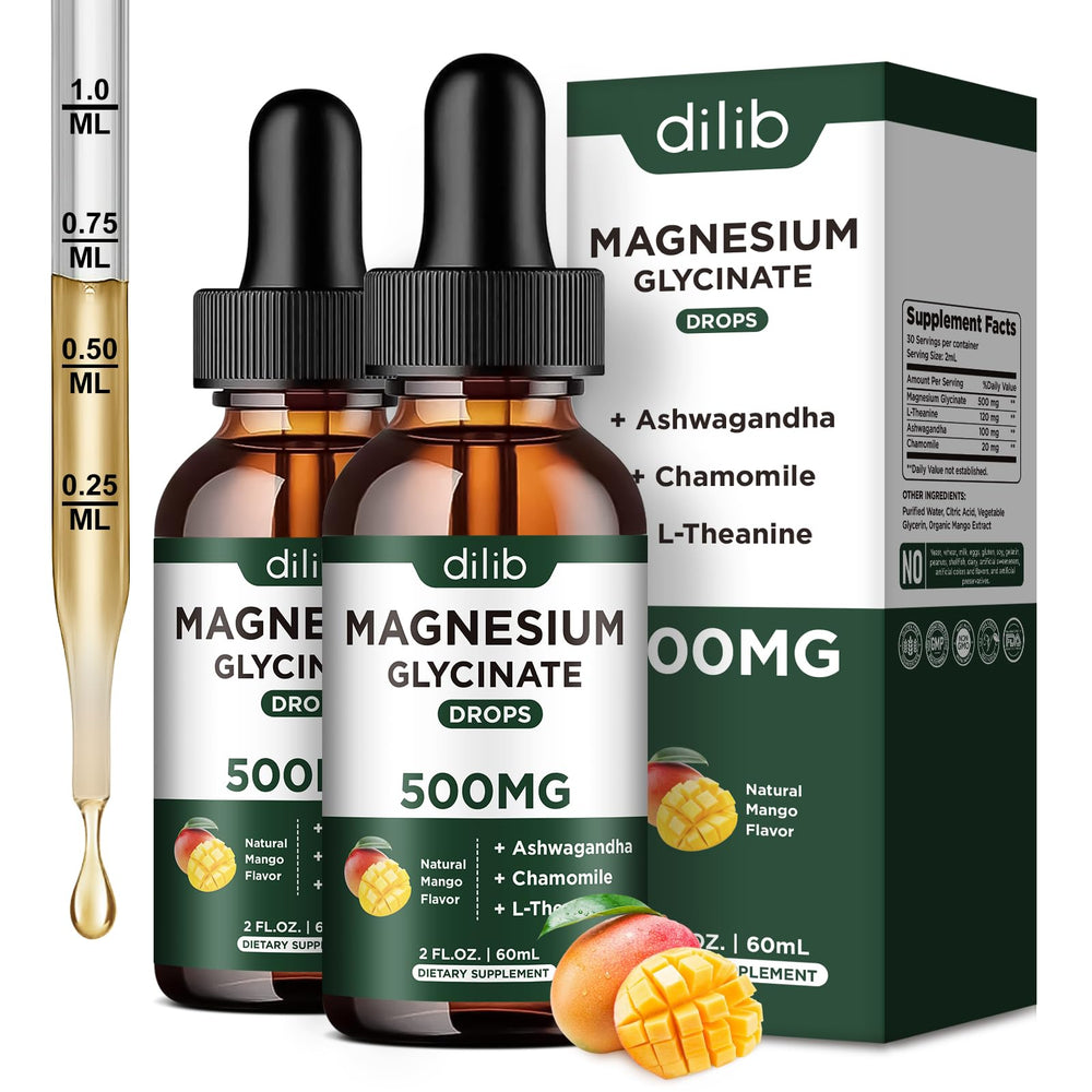 Dilib magnesium glycinate liquid bottle with mango flavor for stress relief and mood support.