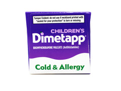 Dimetapp bottle back view reveals active ingredients and NDC details.