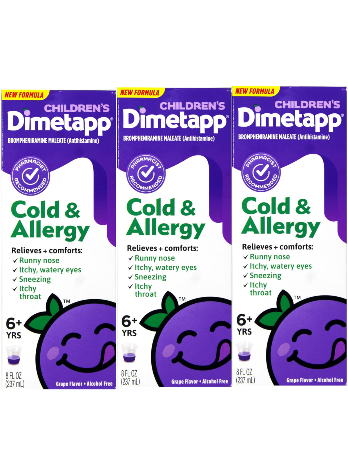 Dimetapp Children’s Cold and Allergy Liquid bottle pour shows easy dosing for kids.