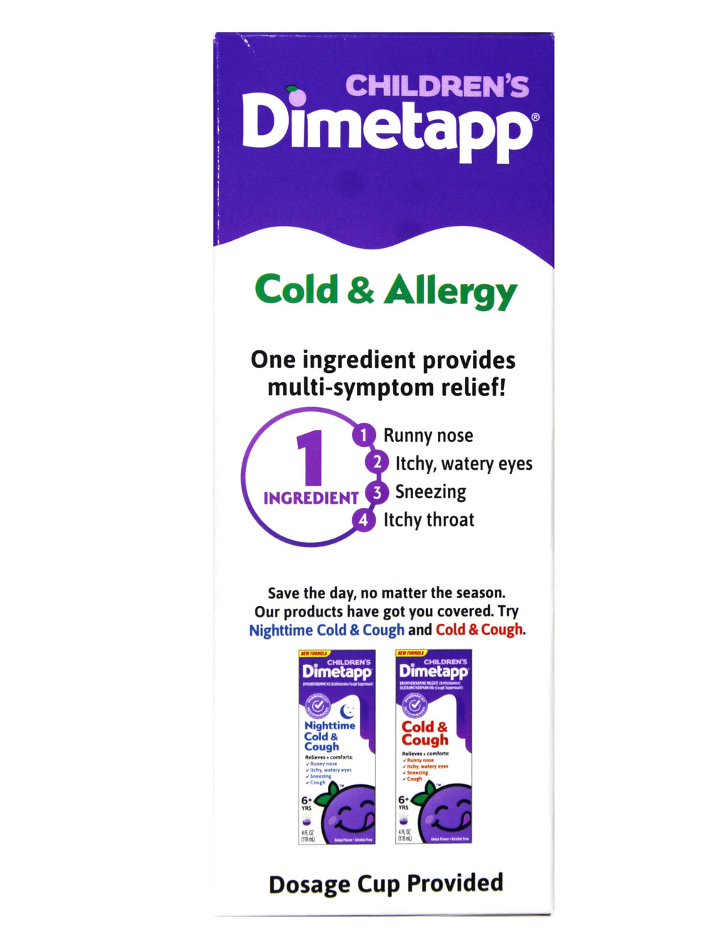 Dimetapp label close-up highlights alcohol-free formula for children.