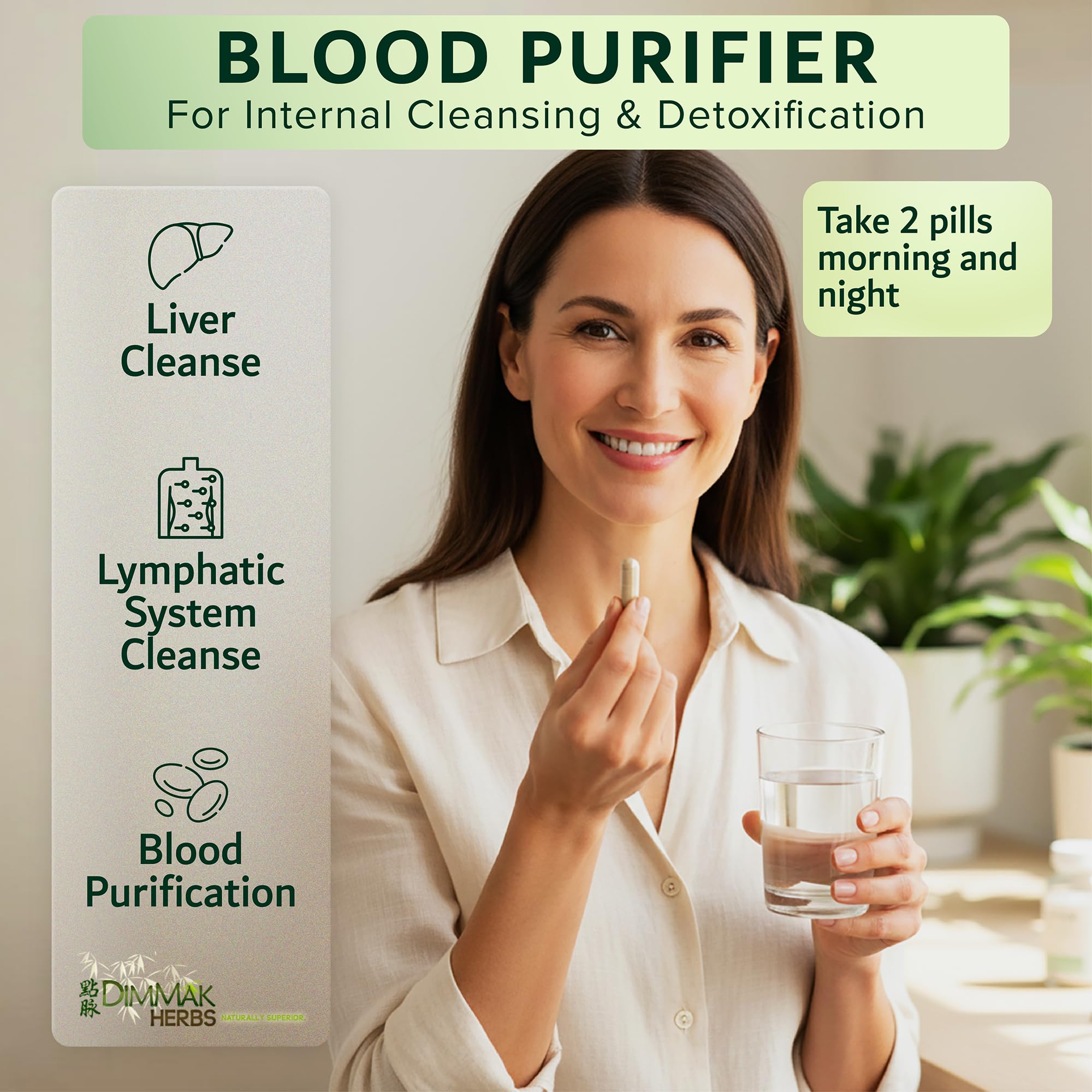 Dimmak Herbs Blood Purifier capsules closeup highlights vegan, non-laxative detox formula