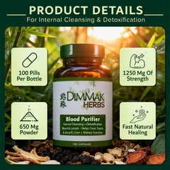 Dimmak Herbs Blood Purifier ingredients closeup shows andrographis and coptis in the blend