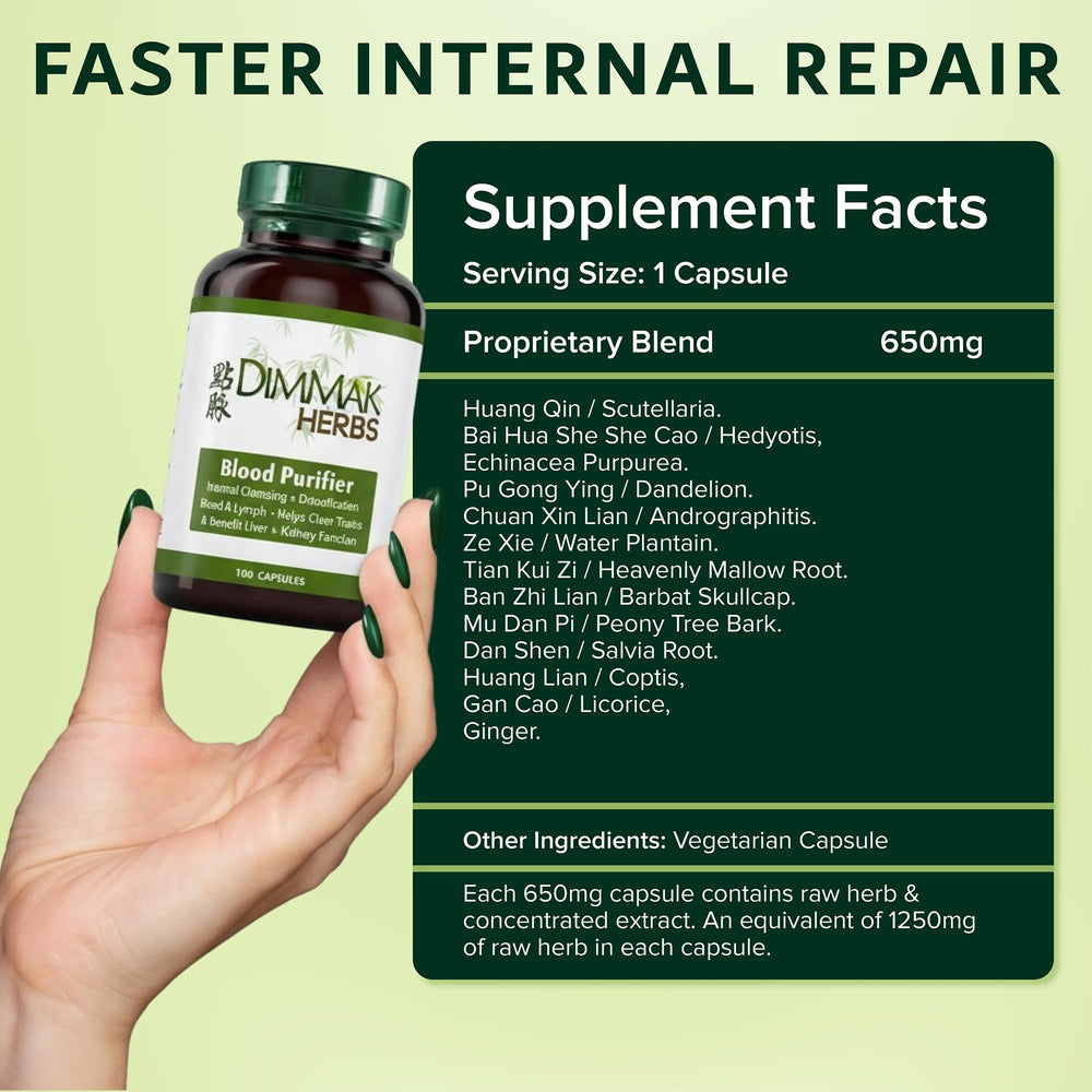 Dimmak Herbs Blood Purifier capsules with glass of water suggest daily wellness ritual