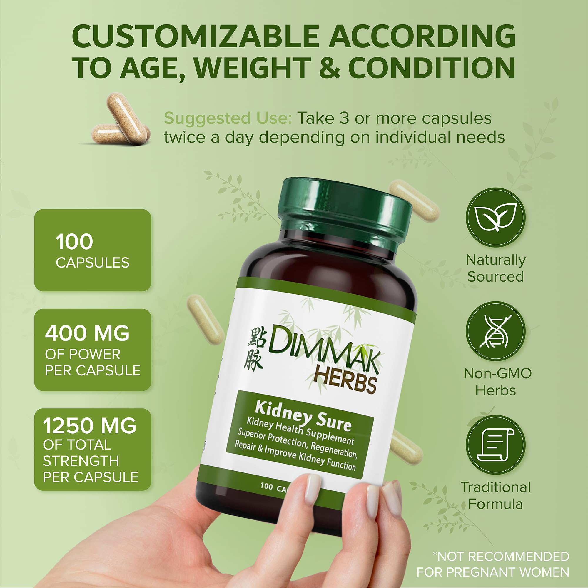 Dimmak Herbs Kidney Sure capsules close-up for convenient daily support.