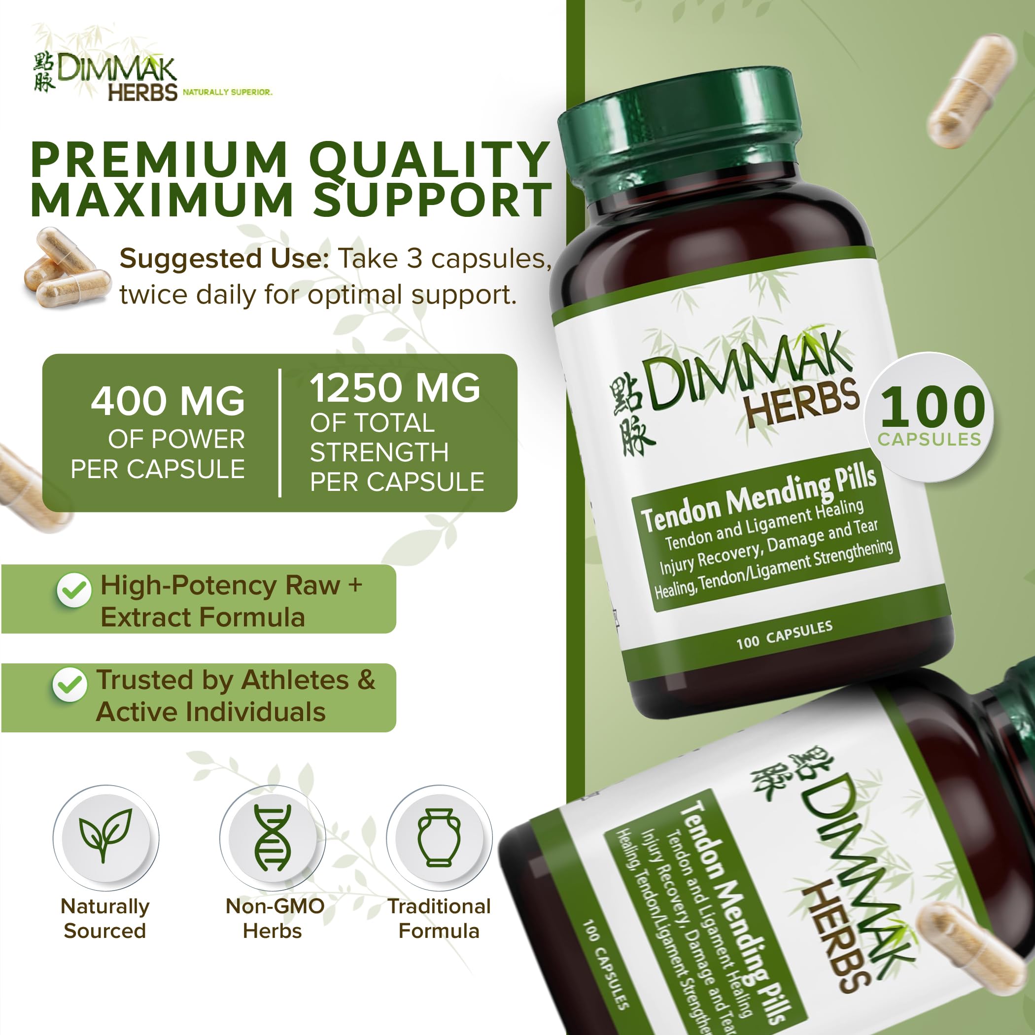 Dimmak Herbs Tendon Mending ingredients Mu Gua and Sang Zhi in formula for tissue support.
