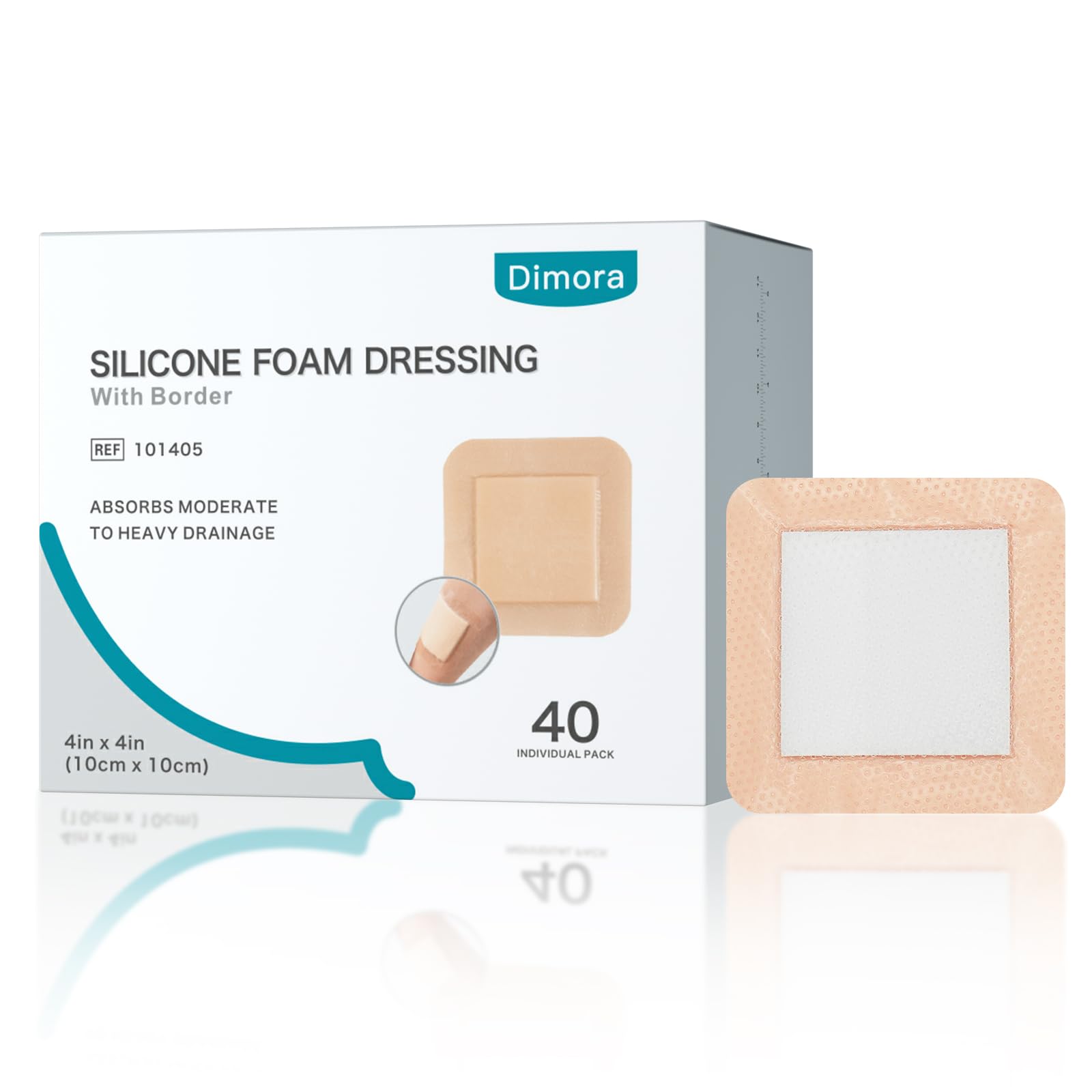 Dimora silicone foam border 4x4 package front for versatile wound care.