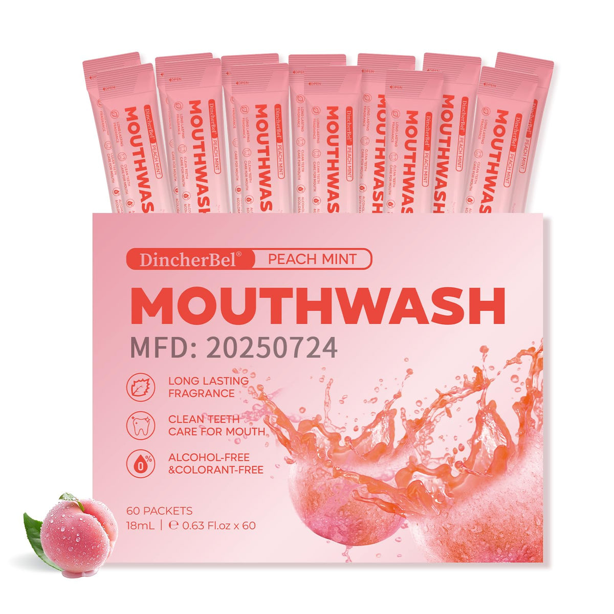 DincherBel peach mint mouthwash packets ready for travel in a box for on-the-go freshness.