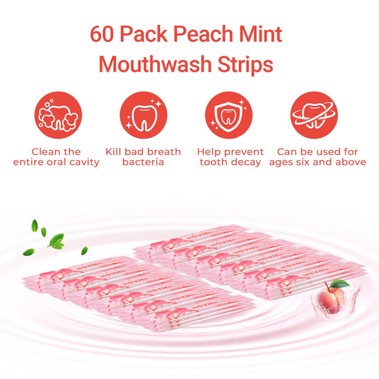 DincherBel peach mint mouthwash packets ready for travel in a compact pouch.