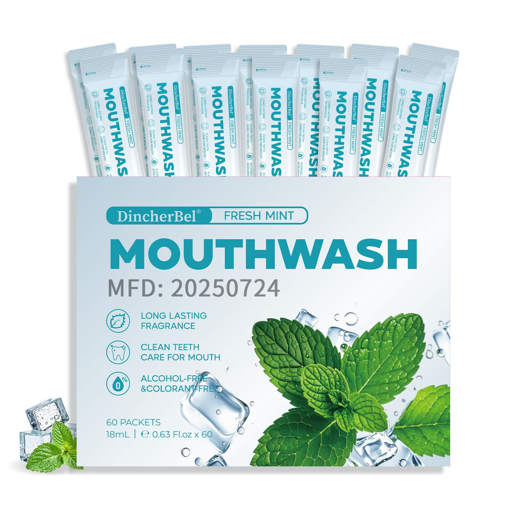 DincherBel travel mouthwash box with 60 sachets for convenient trips.
