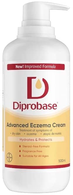 Diprobase emollient cream packaging 500 g highlighting pump convenience
