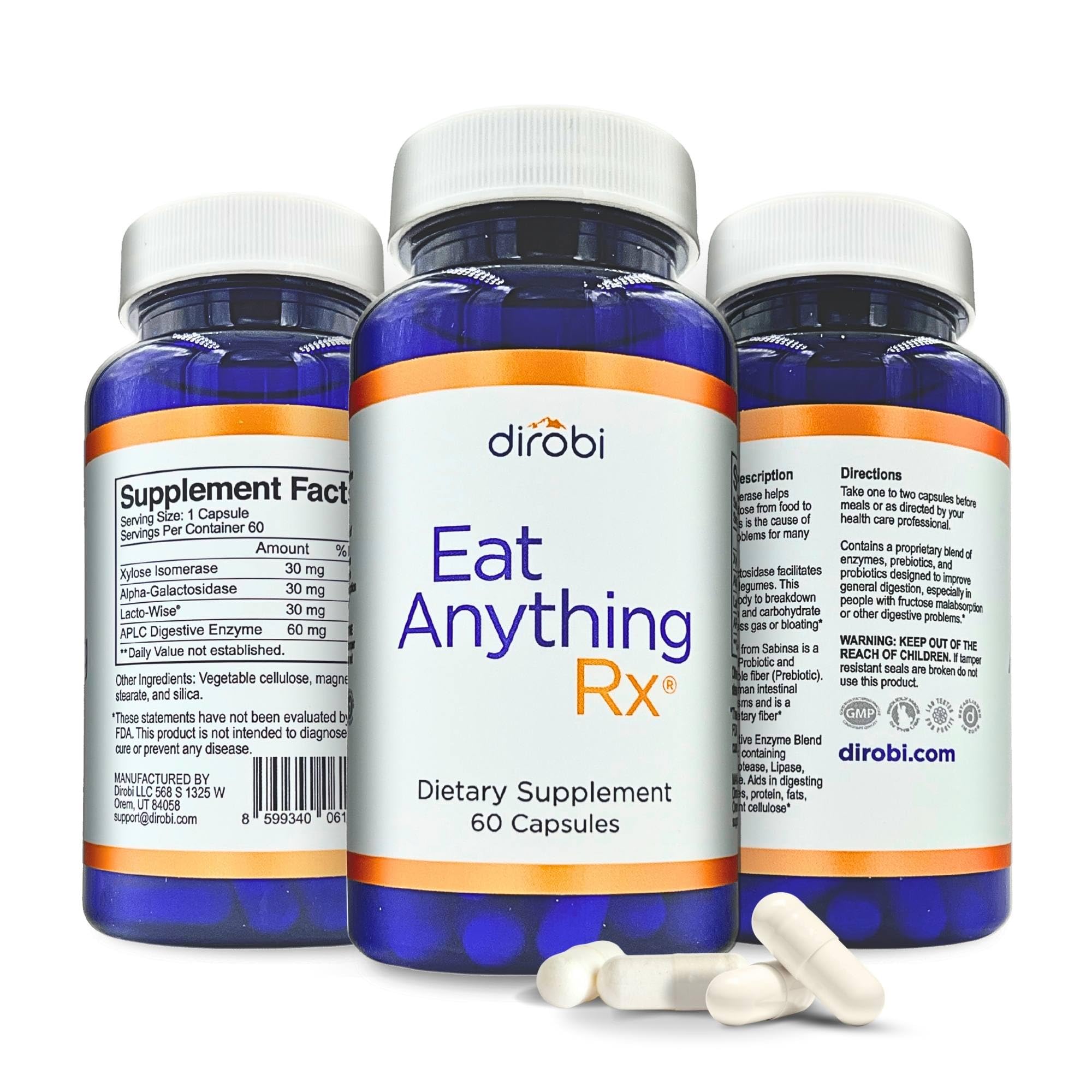 Dirobi Eat Anything bottle front showing the 60 capsules for digestive support.