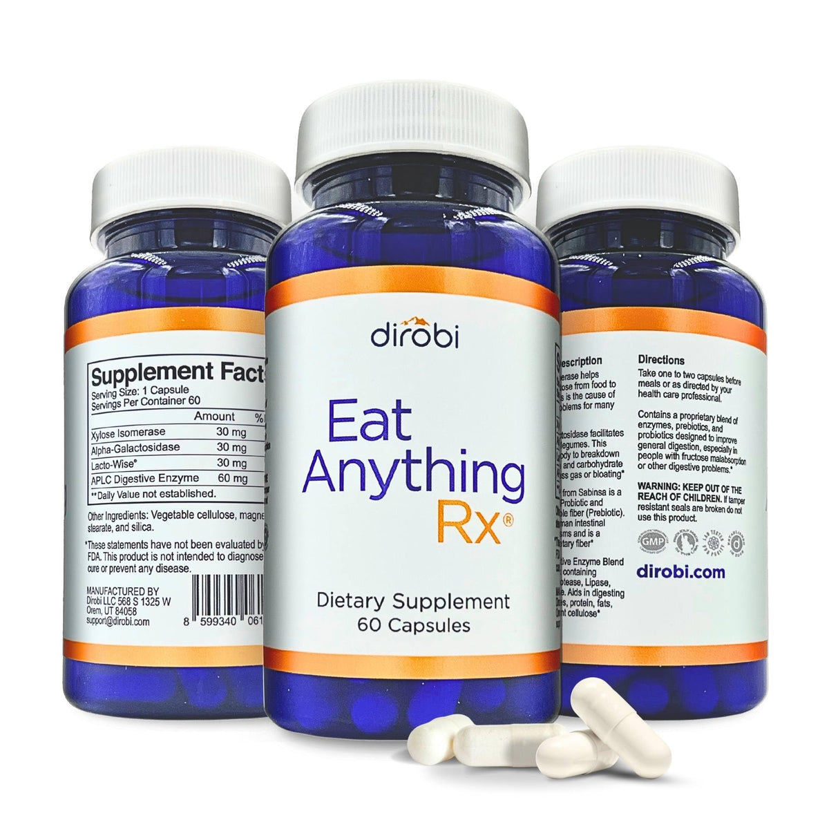 Dirobi Eat Anything bottle front showing the 60 capsules for digestive support.
