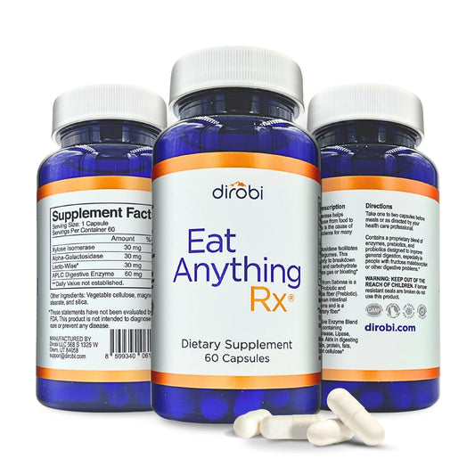 Dirobi Eat Anything bottle front showing the 60 capsules for digestive support.