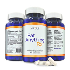 Dirobi Eat Anything bottle front showing the 60 capsules for digestive support.