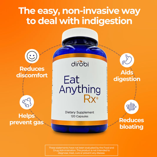 Dirobi Eat Anything capsules closeup highlighting easy-to-take digestive enzymes benefits.