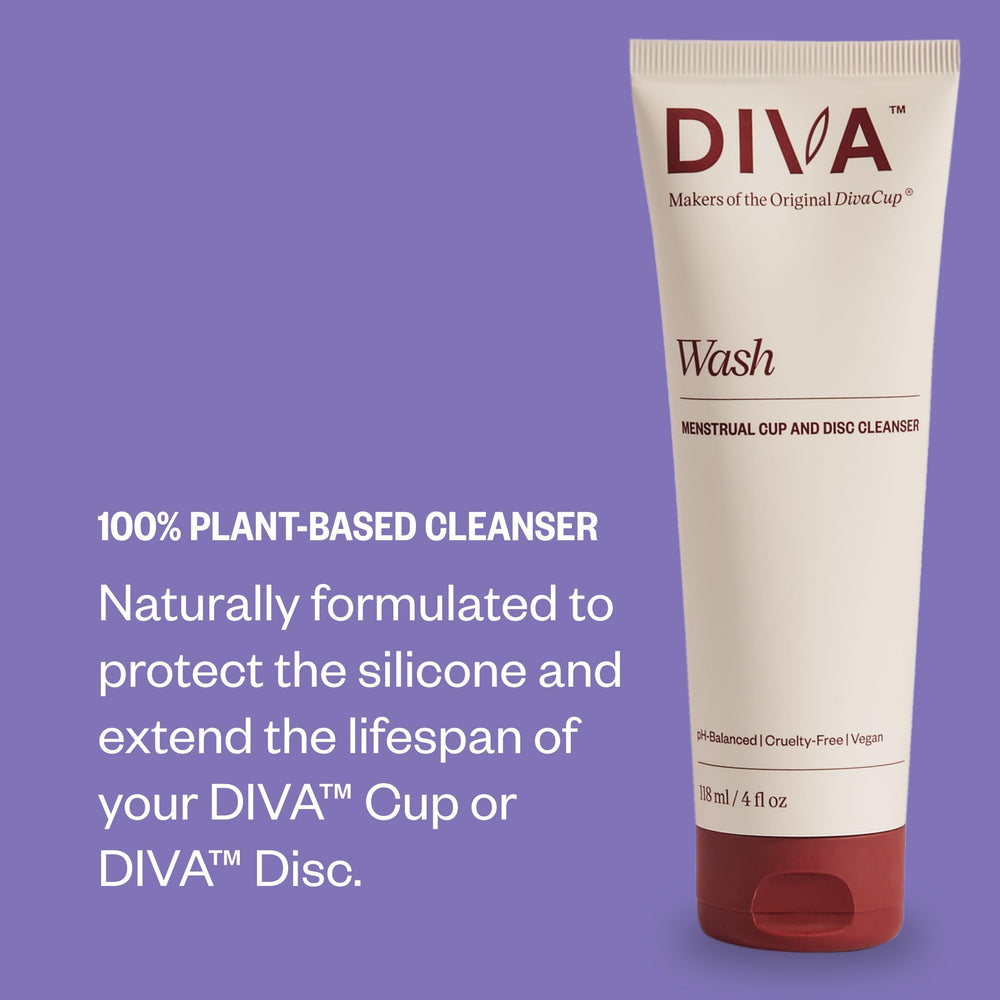 DIVA Wash and Cup on a clean surface illustrate care routine.