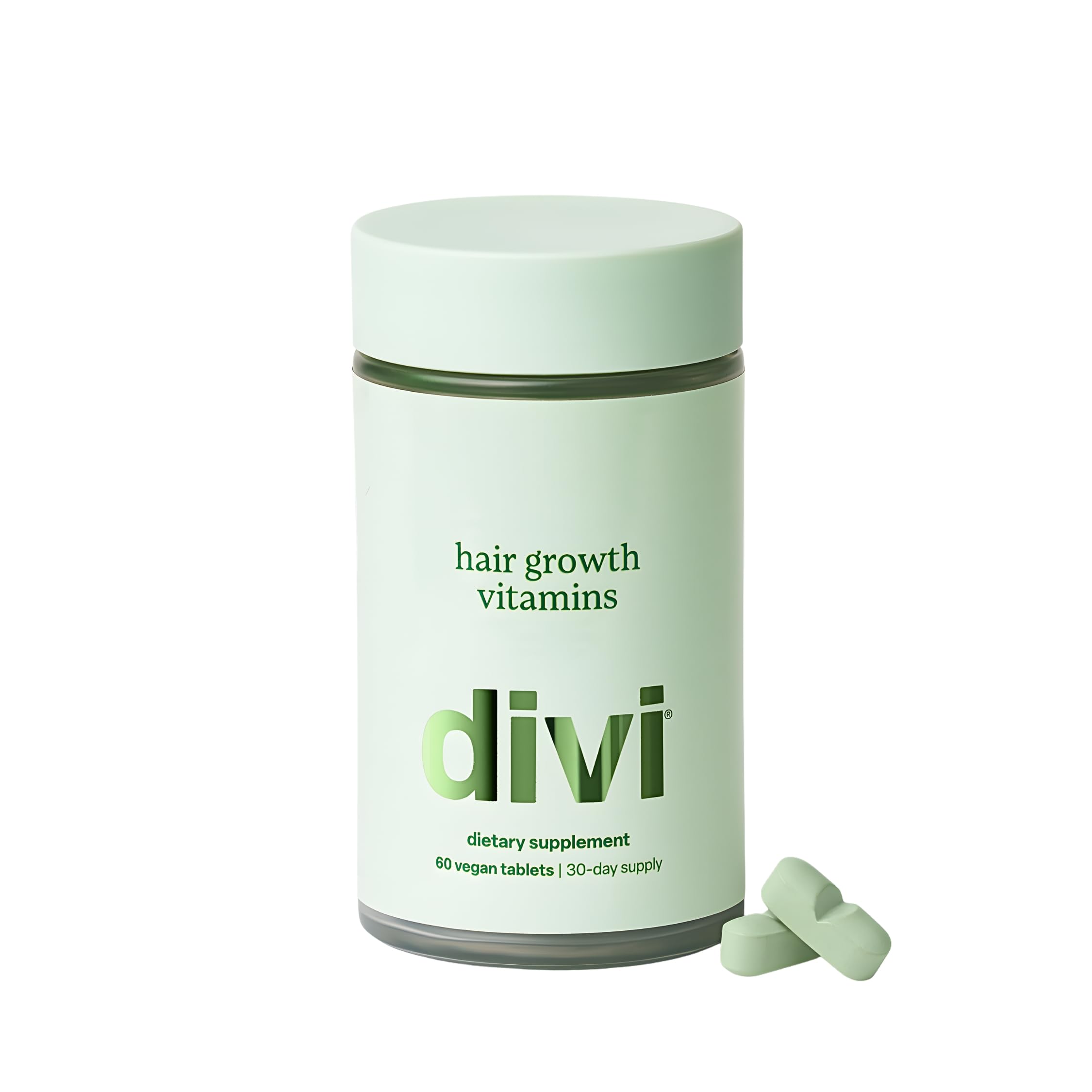 Divi hair growth vitamins bottle front highlighting a vegan formula for hair support.