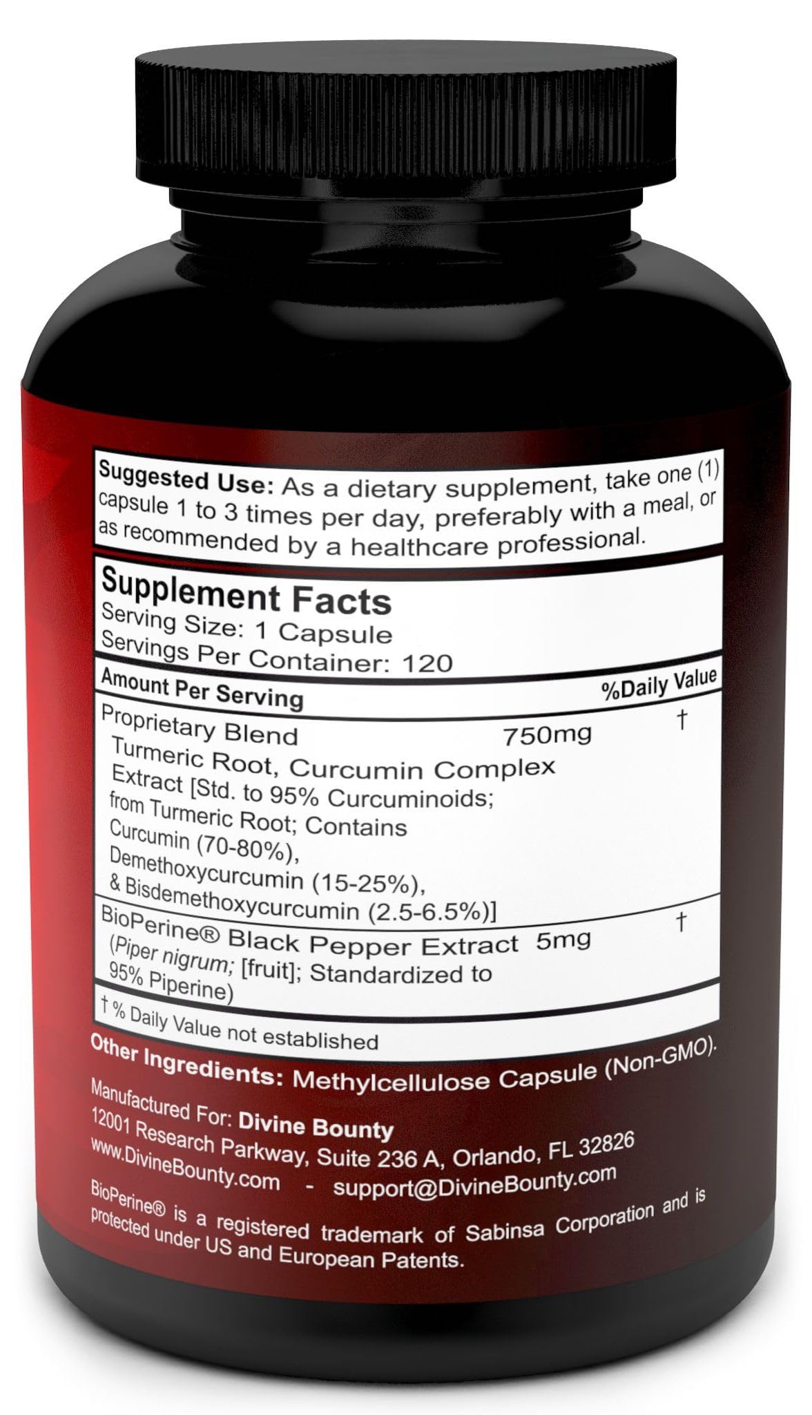 Divine Bounty BioPerine bottle label emphasizes enhanced absorption.