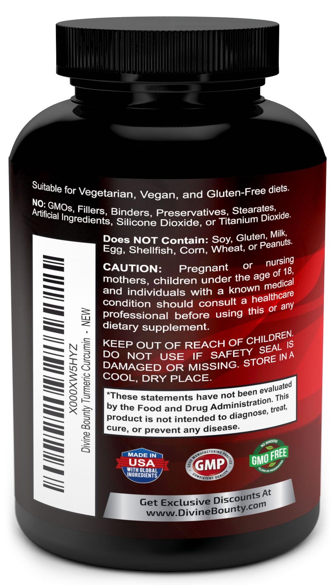 Divine Bounty curcuminoids 95 percent close-up emphasizes potency.