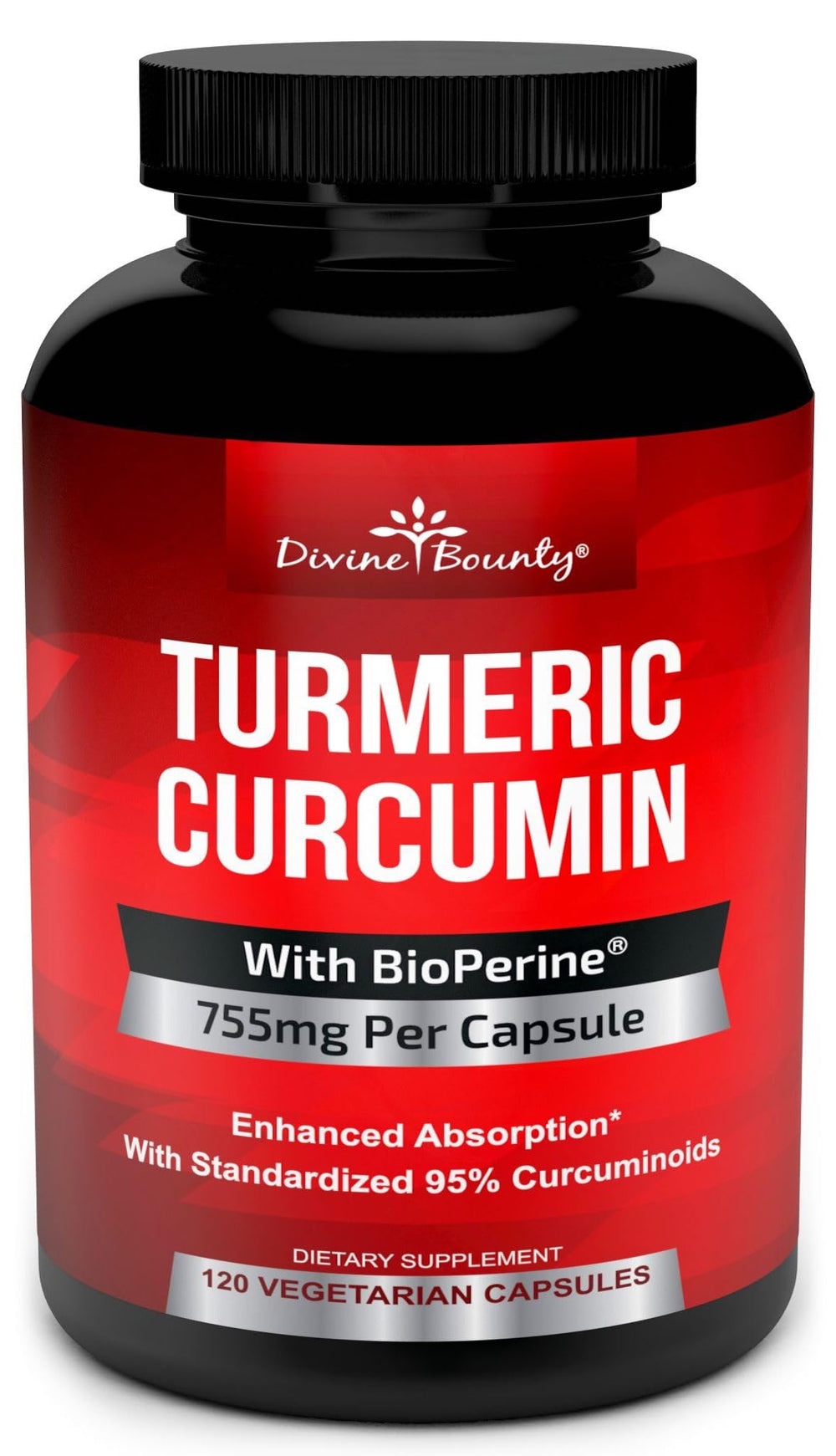 Divine Bounty turmeric curcumin bottle highlighting 755 mg potency.