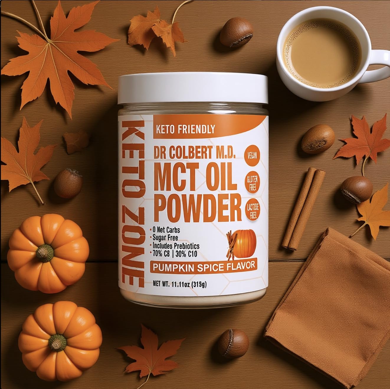 Divine Health Dr. Colbert MCT Oil Powder nutrition panel highlights gluten-free, non-GMO ingredients.
