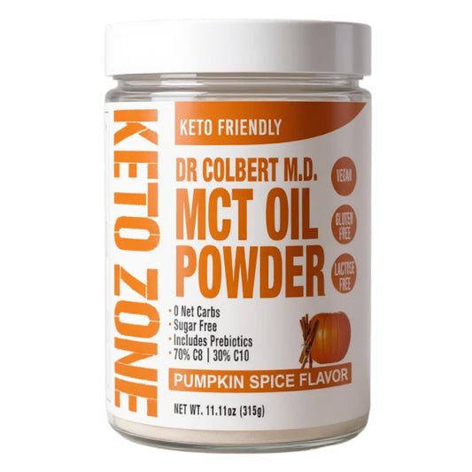 Divine Health Dr. Colbert MCT Oil Powder Pumpkin Spice enhances keto beverages with creamy flavor.