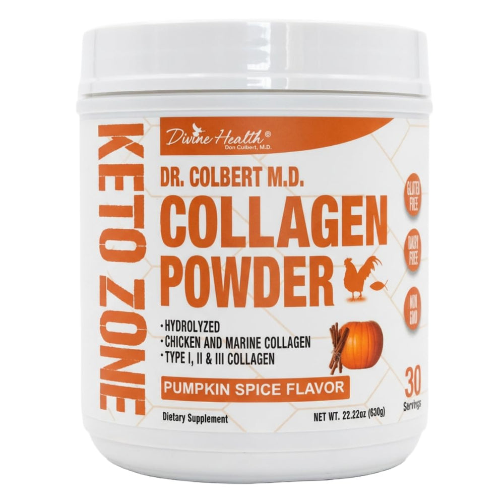 Divine Health Dr. Colbert Pumpkin Spice collagen bottle for daily joint and skin support.